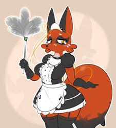  2019 anthro anthrofied blush breasts canid cleaning_tool clothed clothing countershading elpatrixf feather_duster female fur generation_8_pokemon legwear maid_uniform mammal nickit nintendo pokemon pokemon_(species) pokemorph simple_background solo uniform yellow_eyes 