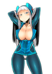  arms_behind_head arms_up ass_visible_through_thighs blue_bodysuit blue_dress blue_eyes blush bodysuit breasts closed_mouth collarbone commentary_request dress electro_emilia female headgear highleg highleg_panties ken_(koala) large_breasts long_hair long_sleeves looking_at_viewer original panties panties_over_pantyhose pantyhose shiny_clothes shiny_skin short_dress simple_background skin_tight solo underwear white_hair 