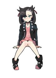  black_choker black_hair black_jacket black_nails blue_eyes blush choker commentary_request dress earrings female highres jacket jewelry marnie_(pokemon) medium_hair pink_dress pokemon pokemon_swsh sitting solo white_background zero_(miraichizu) 