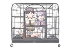  1boy ^_^ animal_ears arm_around_neck blue_eyes bodystocking breast_pocket brown_hair cage captain_(kemono_friends) cargo_shorts closed_eyes commentary_request dog_(mixed_breed)_(kemono_friends) dog_ears dog_girl dog_tail facing_viewer female full_body gloves grey_hair hand_rest harness heterochromia jacket kemono_friends kemono_friends_3 layered_sleeves long_sleeves looking_at_viewer medium_hair mukouyama_mu multicolored_hair open_clothes open_jacket orange_eyes pocket shoes short_hair short_over_long_sleeves short_sleeves shorts side-by-side simple_background sitting skirt smile sweater_vest tail two-tone_hair white_background white_hair 