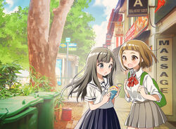  2girls :o artist_name backpack bag black_hair blue_eyes blue_skirt blunt_bangs bob_cut bow braid brown_eyes brown_hair day grey_skirt kawanobe multiple_girls outdoors pamphlet red_bow road_sign school_uniform serafuku shiraishi_yuzuki sign singapore skirt sora_yori_mo_tooi_basho standing tamaki_mari trash_can tree uniform 