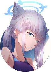  absurdres animal_ears bare_shoulders blue_archive blue_one-piece_swimsuit breasts chan_sang cropped_shoulders earrings extra_ears female hair_ornament hairclip halo highres jewelry looking_at_viewer mismatched_pupils official_alternate_costume one-piece_swimsuit portrait shiroko_(blue_archive) shiroko_(swimsuit)_(blue_archive) side_ponytail simple_background solo swimsuit white_background white_hair wolf_ears 