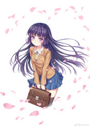  absurdres bag black_thighhighs blazer blue_skirt briefcase brown_jacket closed_mouth collared_shirt commentary_request cropped_legs female floating_hair highres holding holding_bag jacket latioss long_hair long_sleeves looking_at_viewer miniskirt neck_ribbon original petals pleated_skirt purple_eyes purple_hair ribbon school_bag school_briefcase school_uniform shirt skirt solo thighhighs undershirt wing_collar zettai_ryouiki 