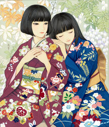  2girls black_eyes black_hair blunt_bangs bob_cut chrysanthemum_print closed_eyes closed_mouth couple facing_viewer floral_background floral_print flower hand_on_another&#039;s_shoulder hands_on_own_chest hime_cut japanese_clothes kimono leaning_on_person long_hair looking_at_another looking_to_the_side multiple_girls nadeshiko_rin obi obiage obijime original own_hands_together sash seigaiha short_hair smile traditional_media wisteria yuri 