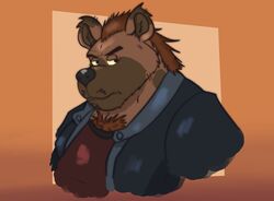  2020 anthro black_nose brown_body brown_fur clothing crew_(dippubear) dippubear fur half-length_portrait hi_res hyena male mammal overweight overweight_male portrait shirt simple_background solo spotted_hyena topwear 