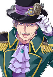  1boy :d ascot black_hat coat doctor_traum epaulettes gloves green_coat grey_ascot hair_between_eyes hat hat_tip highres hugtto!_precure long_sleeves looking_at_viewer male_focus open_mouth precure purple_eyes purple_hair sharumon simple_background smile solo white_background white_gloves 