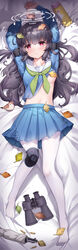  absurdres ahoge animal_ears black_hair blue_archive blue_serafuku blue_skirt blunt_bangs breasts bright_pupils ddddecade dirty dirty_clothes fake_animal_ears female full_body green_neckerchief gun halo highres knee_pads long_hair looking_at_viewer miyu_(blue_archive) neckerchief no_shoes pantyhose rabbit_ears red_eyes rifle sailor_collar school_uniform serafuku shoe_print single_knee_pad skirt solo weapon white_pantyhose white_pupils white_sailor_collar 