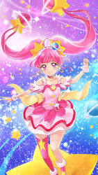  absurdres ahoge choker closed_mouth collarbone cure_star dress earrings female floating_hair hair_ornament highres hoshina_hikaru jewelry layered_dress long_hair looking_at_viewer pink_choker pink_dress pink_eyes pink_hair pink_thighhighs precure scrunchie sharumon short_dress single_thighhigh sleeveless sleeveless_dress smile solo sparkle star_(sky) star_(symbol) star_choker star_hair_ornament star_twinkle_precure thighhighs very_long_hair white_scrunchie wrist_scrunchie 