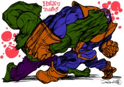  2boys alien boots colored_skin commentary_request fighting gloves green_hair green_skin helmet hulk imaishi_hiroyuki male_focus marvel multiple_boys muscular muscular_male pants punching purple_skin signature superhero_costume thanos white_eyes 