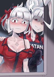  2girls absurdres apron azazel_(helltaker) black_apron burn_scar corruption demon_girl helltaker highres horns lucifer_(helltaker) mirror moto_toshi multiple_girls protected_link red_eyes red_shirt ribbon scar shirt short_hair tail 