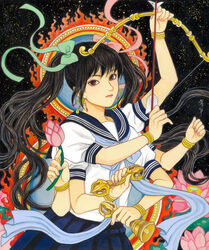  arm_up arrow_(projectile) bell black_hair blue_sailor_collar blue_skirt bow bow_(weapon) bracelet brown_eyes buddhism commentary_request cowboy_shot drawing_bow earrings extra_arms female fire flower green_bow hairbow handbell holding holding_arrow holding_bell holding_bow_(weapon) holding_flower holding_weapon jewelry long_hair looking_at_viewer lotus nadeshiko_rin night night_sky original pink_bow pink_flower pleated_skirt ragaraja_(buddhism) sailor_collar school_uniform serafuku skirt sky traditional_media twintails vajra_(object) weapon white_serafuku 