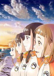  4girls blue_eyes blue_sky blunt_bangs braid brown_eyes brown_hair cloud gradient_sky grey_eyes highres jacket kobuchizawa_shirase long_hair miyake_hinata multiple_girls oshiyon outdoors profile shiraishi_yuzuki short_hair sky sora_yori_mo_tooi_basho standing sunrise tamaki_mari upper_body water 