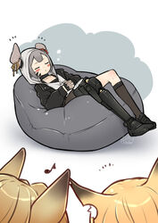  3girls animal_ears arknights bean_bag_chair black_footwear black_jacket black_legwear blonde_hair blush brown_hair ceobe_(arknights) choker closed_eyes dog_ears fox_ears grey_hair highres hood hooded_jacket horn_cover horn_ornament horn_ribbon horns jacket looking_at_another material_growth mitake_eil multiple_girls musical_note notched_ear oripathy_lesion_(arknights) own_hands_together prosthesis prosthetic_leg resting ribbon signature sleeping vermeil_(arknights) vulcan_(arknights) 