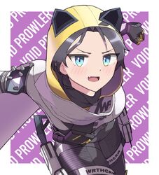  animal_hood animification apex_legends black_bodysuit black_gloves black_hair blue_eyes blush bodysuit cat_hood female gloves hood hood_up nawoichi oerba_yun_fang official_alternate_costume open_mouth parted_bangs scarf skin_fang smile solo thigh_strap v-shaped_eyebrows void_prowler_wraith white_scarf wraith_(apex_legends) 