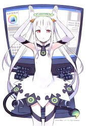  :&lt; absurdres albino computer_keyboard dress elbow_gloves female fur gloves halo highres kuroboshi_kouhaku monitor palette_(character) red_eyes simple_background solo tail thighhighs twintails white_background white_dress white_gloves white_hair white_thighhighs yumeiro_happy_end 