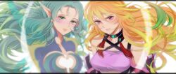  2girls bad_id bad_pixiv_id blonde_hair choker green_eyes green_hair highres hoshiko long_hair milla_maxwell multiple_girls muzet_(tales) photoshop_(medium) red_eyes smile strapless tales_of_(series) tales_of_xillia tube_top 