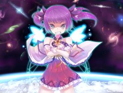  aisha_landar angry bad_id bad_pixiv_id bare_shoulders battle_magician_(elsword) clenched_teeth crossed_arms dexp elsword female galaxy gloves gunbuster_pose highres long_hair magic_circle parody planet purple_eyes purple_hair purple_skirt skirt solo space teeth twintails 