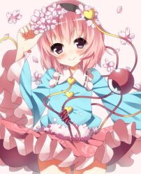  bad_id bad_pixiv_id cherry_blossoms eyeball female flower hairband heart komeiji_satori petals pink_background pink_hair purple_eyes short_hair skirt smile solo supershiruco third_eye touhou 