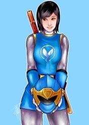  bad_id bad_pixiv_id black_hair blue_background female gloves helmet hurricane_blue kusagami_style lips ninpuu_sentai_hurricanger nono_nanami photoshop_(medium) short_hair signature simple_background solo standing super_sentai 