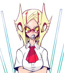  angry animification ascot braces colored_sclera commentary_request crossed_arms extra_arms female g=hikorou genderswap_(mtf) general_grievous glasses grey_hair grieve-tan hair_ornament hairclip quadruple_wielding red-framed_eyewear rule_63 school_uniform semi-rimless_eyewear sharp_teeth star_wars teeth yellow_sclera 