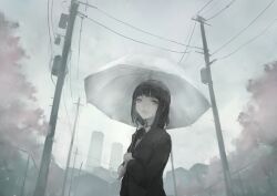  black_hair blazer bow bowtie building commentary_request dutch_angle female grey_eyes jacket looking_at_viewer muted_color original outdoors power_lines scenery school_uniform short_hair sky smokestack solo standing tears tori_(qqqt) transformer tree umbrella upper_body utility_pole 