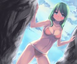  bikini blue_eyes blush breasts cleavage commentary_request female front-tie_top green_hair large_breasts light_smile long_hair navel orange_bikini original rock saiste solo swimsuit 