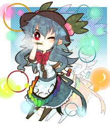  aged_down bad_id bad_pixiv_id blowing_bubbles blue_hair blush bottle bow bubble_pipe dress female food fruit hat highres hinanawi_tenshi itomugi-kun long_hair one_eye_closed peach red_eyes shirt skirt solo touhou 