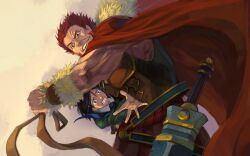  2boys black_hair clenched_teeth commentary_request fate/zero fate_(series) grey_eyes iskandar_(fate) male_focus mask_alice multiple_boys necktie open_hand outstretched_arm red_eyes red_hair rope sheath sheathed smile sword tears teeth waver_velvet weapon 