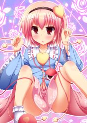  arms_up blush bow breasts commentary_request female floral_print hairbow heart highres komeiji_satori liya midriff open_mouth panties pantyshot petite photoshop_(medium) pink_eyes pink_hair pink_panties pink_skirt shirt short_hair sitting skirt slippers small_breasts solo third_eye touhou underwear 