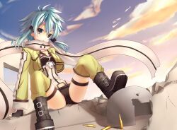  blue_eyes blue_hair boots cartridge cloud commentary_request female fingerless_gloves gloves looking_at_viewer scarf short_shorts shorts sidelocks sinon sitting sky solo sword_art_online tatapopo thighhighs yellow_thighhighs 