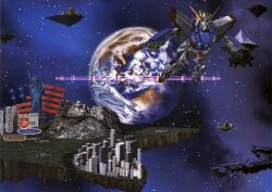  armor artist_request city earth_(planet) floating_island flying g_gundam gundam highres machinery mecha no_humans ocean outdoors planet robot shining_gundam star_(symbol) water 