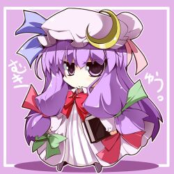  book chibi commentary_request crescent dress female hat holding holding_book long_hair mukyuu patchouli_knowledge purple_eyes purple_hair shirogane_(platinum) solo striped touhou vertical_stripes 