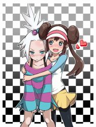  2girls blue_eyes blush brown_hair checkered_background commentary_request double_bun hair_bun heart heart-shaped_pupils hug hug_from_behind long_hair megane_chuu multiple_girls open_mouth pantyhose pokemon pokemon_bw2 rosa_(pokemon) roxie_(pokemon) shorts smile symbol-shaped_pupils twintails white_hair 