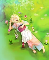  ao_no_exorcist apron barefoot blonde_hair bob_cut commentary_request decom feet female flower grass green_eyes highres japanese_clothes kimono looking_up lying moriyama_shiemi nature smile sunlight tree 