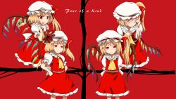  4girls :t anger_vein annoyed ascot blonde_hair blush clone commentary_request dress expressions flandre_scarlet four_of_a_kind_(touhou) hand_on_own_chest hand_on_own_face hands_on_own_hips happy hat hat_ribbon heart heart_wings highres looking_at_viewer multiple_girls oerba_yun_fang open_mouth pout red_background red_eyes ribbon sad short_hair side_ponytail simple_background sinzan skirt skirt_set smile tears touhou wings 