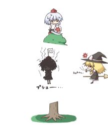  3girls bad_id bad_pixiv_id blonde_hair bow broom broom_riding burnt camera chibi flying hat hat_bow inubashiri_momiji kirisame_marisa kurokoori mini-hakkero multiple_girls prostration shameimaru_aya shield simple_background skirt skirt_set smoke solid_circle_eyes sword tokin_hat touhou tree weapon white_hair witch_hat 