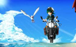  androgynous bird brough_superior cloud commentary_request day female fur_hat gloves goggles goggles_on_head green_hair hat hermes_(kino_no_tabi) highres ilis kino_(kino_no_tabi) kino_no_tabi motor_vehicle motorcycle photoshop_(medium) reverse_trap seagull sky sleeves_rolled_up water 