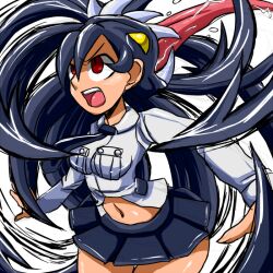  artist_request black_hair breasts filia_(skullgirls) futakuchi-onna impossible_clothes impossible_shirt miniskirt parasite pixiv_manga_sample prehensile_hair red_eyes saliva samson_(skullgirls) shirt skirt skullgirls tongue yellow_eyes 