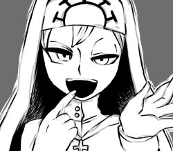  alternate_form artist_request bust cross double_(skullgirls) female female habit monochrome naughty_face nun open_mouth pixiv_manga_sample skullgirls solo upper_body 