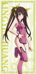  absurdres armpits bare_shoulders black_hair blue_eyes blush bracelet breasts character_name circuit_board female framed from_side grin hair_between_eyes hair_ribbon halterneck hand_on_own_hip highres huang_lingyin infinite_stratos jewelry leg_lift legs leotard long_hair long_legs looking_at_viewer no_socks official_art pelvic_curtain pilot_suit pink_leotard purple_legwear ribbon shoes sidelocks small_breasts smile solo standing standing_on_one_leg stick_poster toeless_legwear turtleneck twintails very_long_hair 