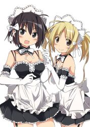  2girls apron bare_shoulders blonde_hair blush bow collar detached_collar dress elbow_gloves frills garter_straps gloves ixy kore_ga_watashi_no_goshujin-sama maid maid_headdress multiple_girls nakabayashi_yoshitaka&#039;s_maid_uniform sawatari_izumi sawatari_mitsuki short_hair sleeveless sleeveless_dress white_gloves 