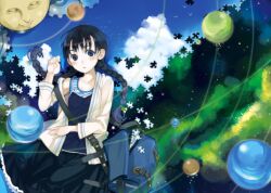  amamiya_chiharu bad_id bad_pixiv_id bag black_hair blue_eyes blush braid cloud day female hair_ribbon jigsaw_puzzle off_shoulder open_mouth original photoshop_(medium) planet puzzle puzzle_piece ribbon shoulder_bag solo sun twin_braids 