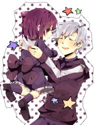  1boy aged_down armpit_carry bad_id bad_pixiv_id carrying fate/zero fate_(series) female grey_hair hair_ribbon hood hoodie lifting_person lolicon matou_kariya matou_sakura purple_eyes purple_hair ribbon riiu short_hair uncle_and_niece 