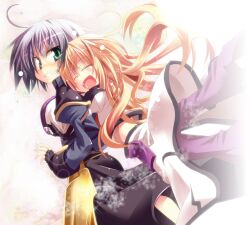  2girls blonde_hair blush closed_eyes commentary_request fingerless_gloves gloves green_eyes grey_hair hug hug_from_behind kazekawa_nagi long_hair long_sleeves looking_back lord_dearche lyrical_nanoha mahou_shoujo_lyrical_nanoha mahou_shoujo_lyrical_nanoha_a&#039;s mahou_shoujo_lyrical_nanoha_a&#039;s_portable:_the_battle_of_aces mahou_shoujo_lyrical_nanoha_a&#039;s_portable:_the_gears_of_destiny multiple_girls open_mouth puffy_sleeves short_hair yuri_eberwein 