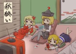  3girls aki_shizuha arm_warmers ashtray bed black_eyes blonde_hair can cellphone chair cigarette commentary_request crescent dress drinking hair_ornament hat horns hoshiguma_yuugi leaf leaf_hair_ornament lunasa_prismriver lying maple_leaf marlboro mizuhashi_parsee multiple_girls phone pillow pointy_ears single_horn sitting skirt smile smoking thighhighs touhou zannen_na_hito 