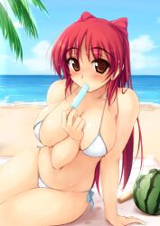  arm_support bad_id bad_pixiv_id beach bikini blush breasts brown_eyes cleavage cloud commentary_request curvy day eating female food fruit kousaka_tamaki large_breasts long_hair looking_at_viewer ocean outdoors popsicle red_hair side-tie_bikini_bottom sitting solo sweat swimsuit thighs to_heart_(series) to_heart_2 very_long_hair watermelon white_bikini zekkyon 