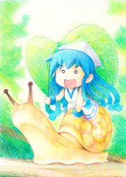  blue_hair chibi commentary_request coupy_pencil_(medium) dress female gofu hat leaf mini-ikamusume mini_person minigirl open_mouth shinryaku!_ikamusume smile snail solo tentacle_hair traditional_media 