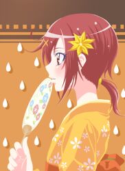  brown_hair commentary_request eyelashes female floral_print flower hair_flower hair_ornament hairpin hand_fan hino_akane_(smile_precure!) japanese_clothes kimono mahkn morning_glory_print obi orange_background orange_kimono orange_theme paper_fan ponytail precure profile red_eyes sash smile_precure solo uchiwa water_drop yukata 