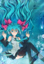  air_bubble aqua_eyes aqua_hair boots bubble commentary detached_sleeves female floating_hair hatsune_miku headset highres long_hair musical_note necktie photoshop_(medium) sitting skirt solo thigh_boots thighhighs twintails underwater very_long_hair vocaloid zxs1103 