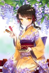  black_hair blurry blush commentary_request dango depth_of_field female floral_print flower food holding holding_food holding_skewer japanese_clothes kimono looking_at_viewer mitarashi_dango mole obi official_art orange_kimono petals photoshop_(medium) purple_flower salt_(salty) sash short_hair short_hair_with_long_locks sidelocks sita_vilosa skewer solo sword_girls takoyaki wagashi wisteria yellow_eyes yellow_kimono 